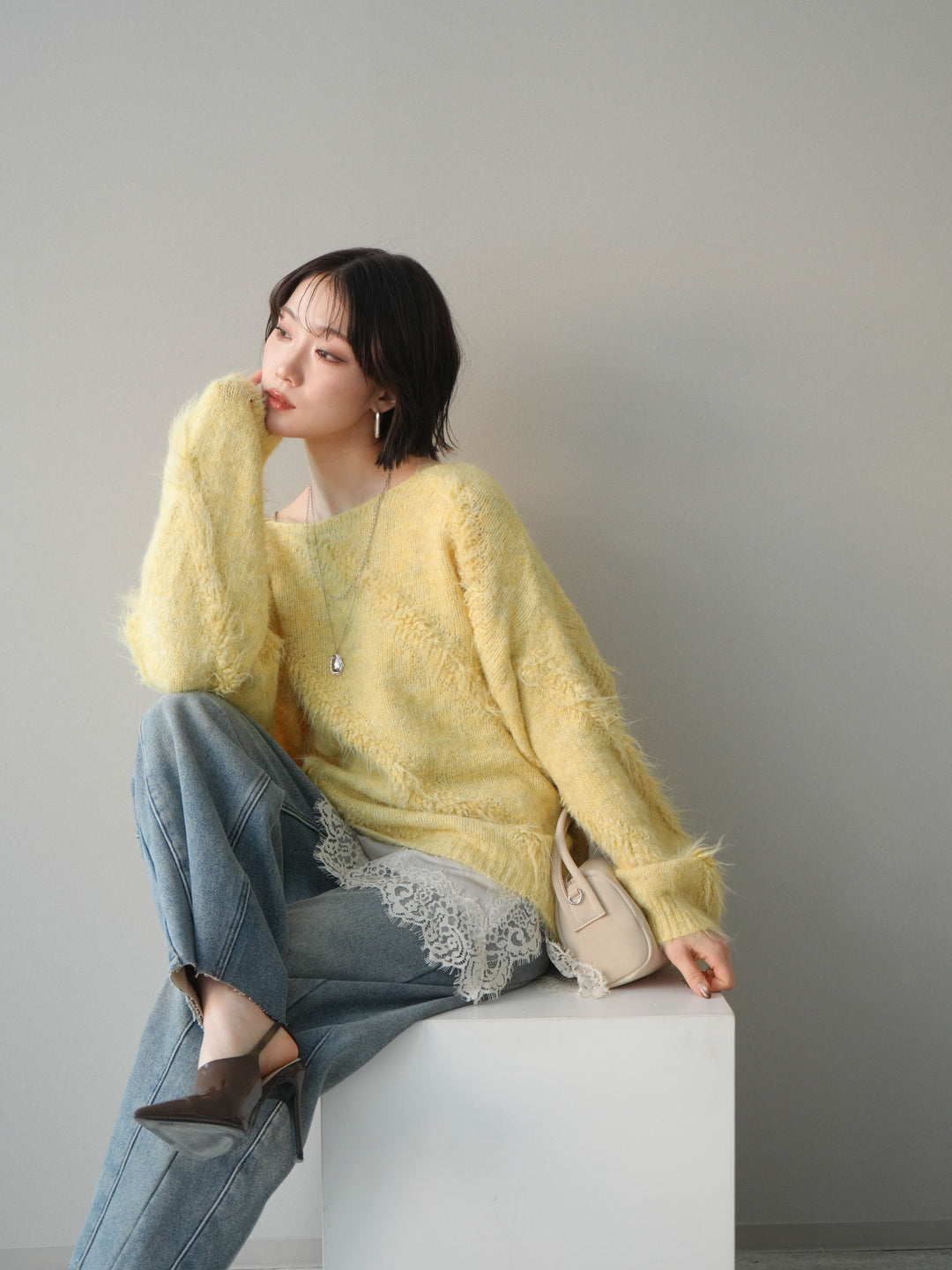 [予約]シャギーデザインニットプルオーバー/yellow