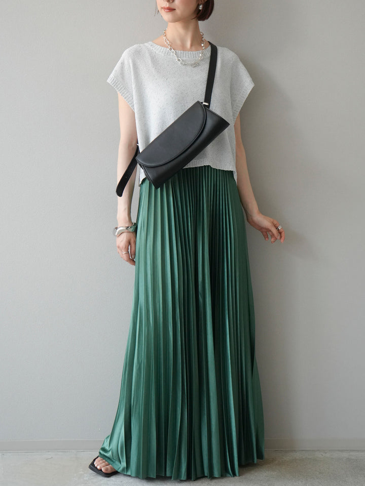 [SET]ネップヤーンクロップドニットベスト+サテンプリーツマキシスカート(2set)