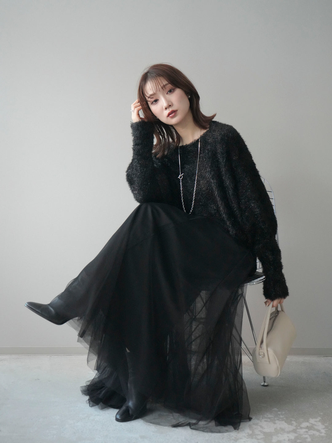 [予約]ラメシャギードルマンニットプルオーバー/black