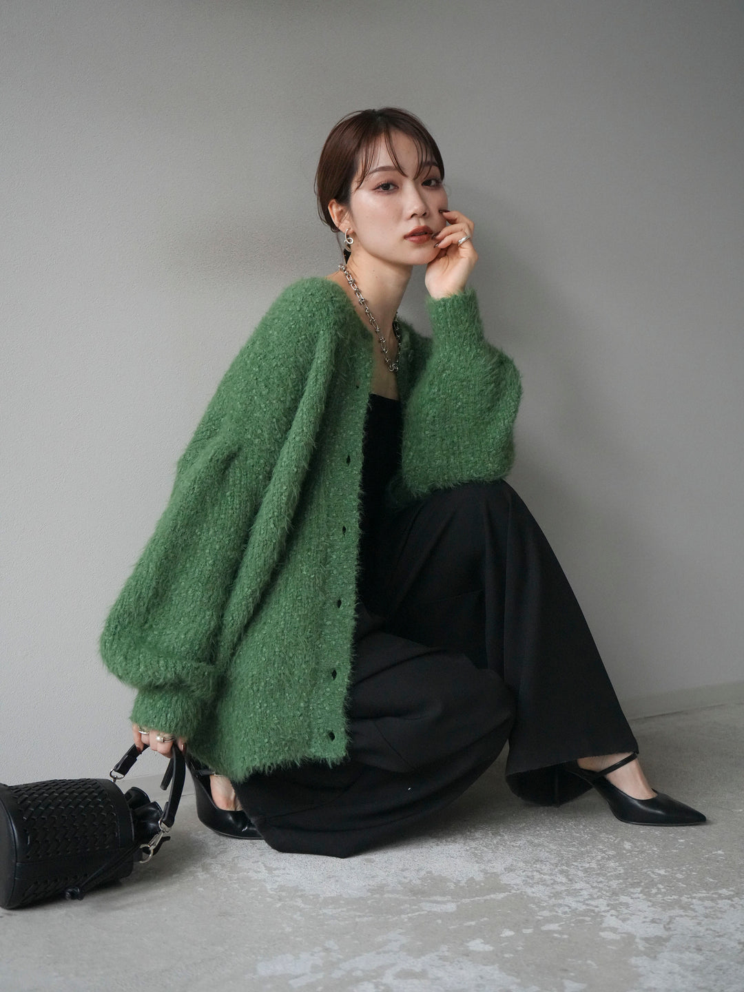 [SET]クルーネックランダムシャギーカーディガン+ベルトループデザインワイドパンツ(2set)