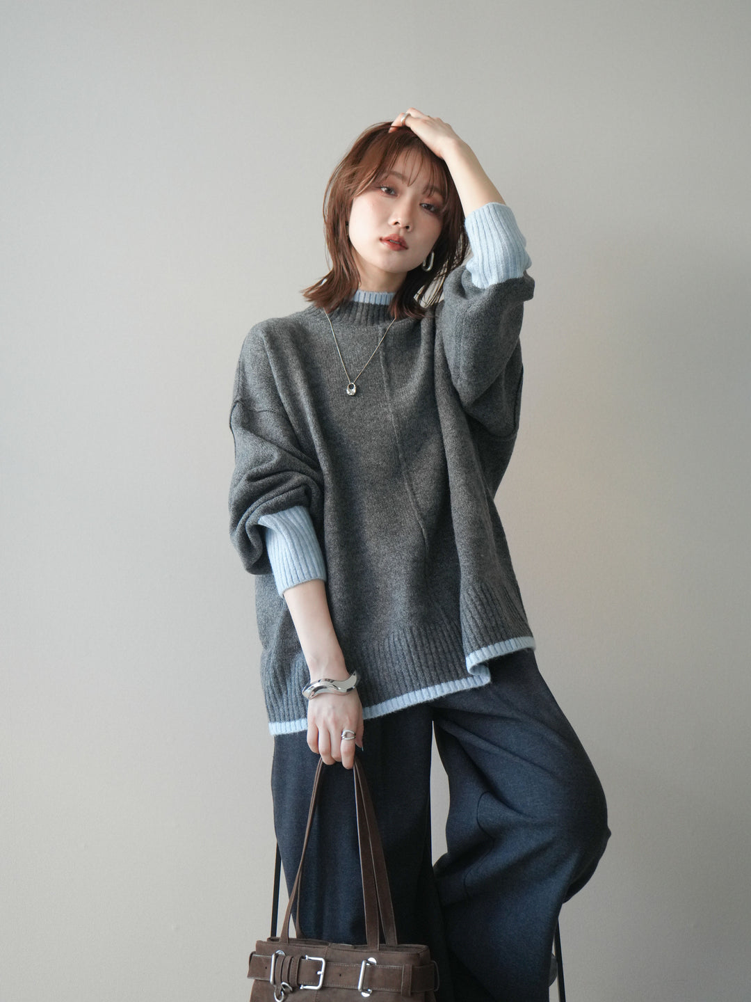 [SET]配色ハイネックニットプルオーバー+アニマル柄ベルト付きウールタッチワイドパンツ(2set)