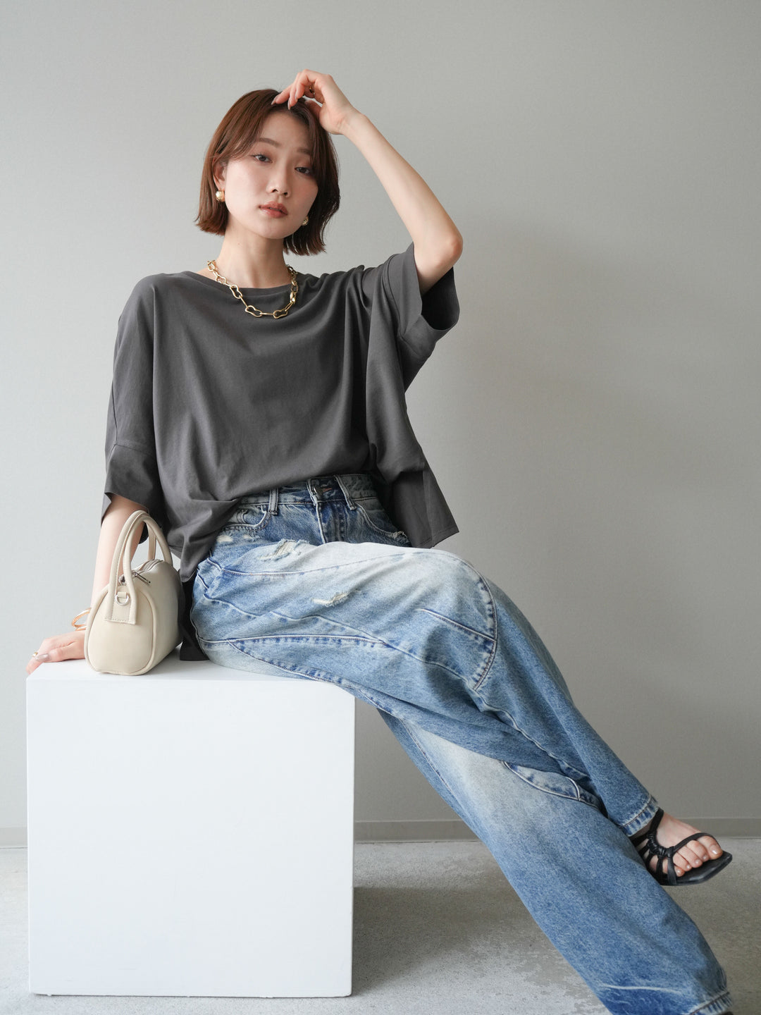 [SET]ドルマンワイドフレアトップス+ダメージカーブワイドデニムパンツ(2set)