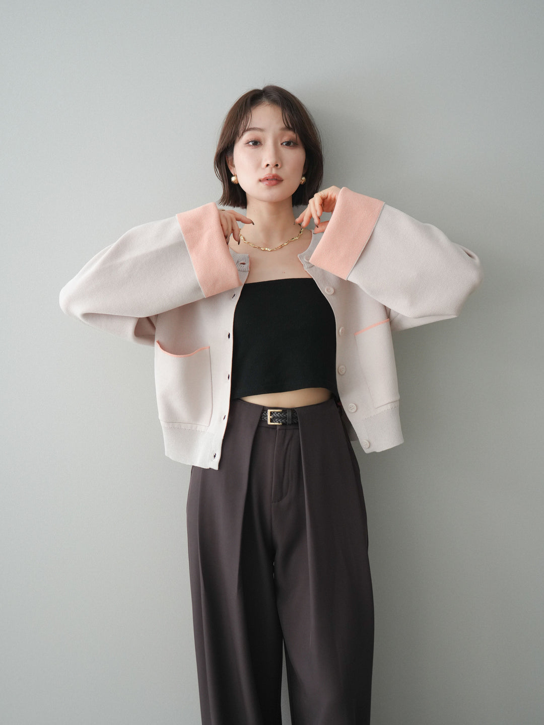 [SET]レーヨンポリダブルフェイスニットカーディガン+ベルトループデザインワイドパンツ(2set)