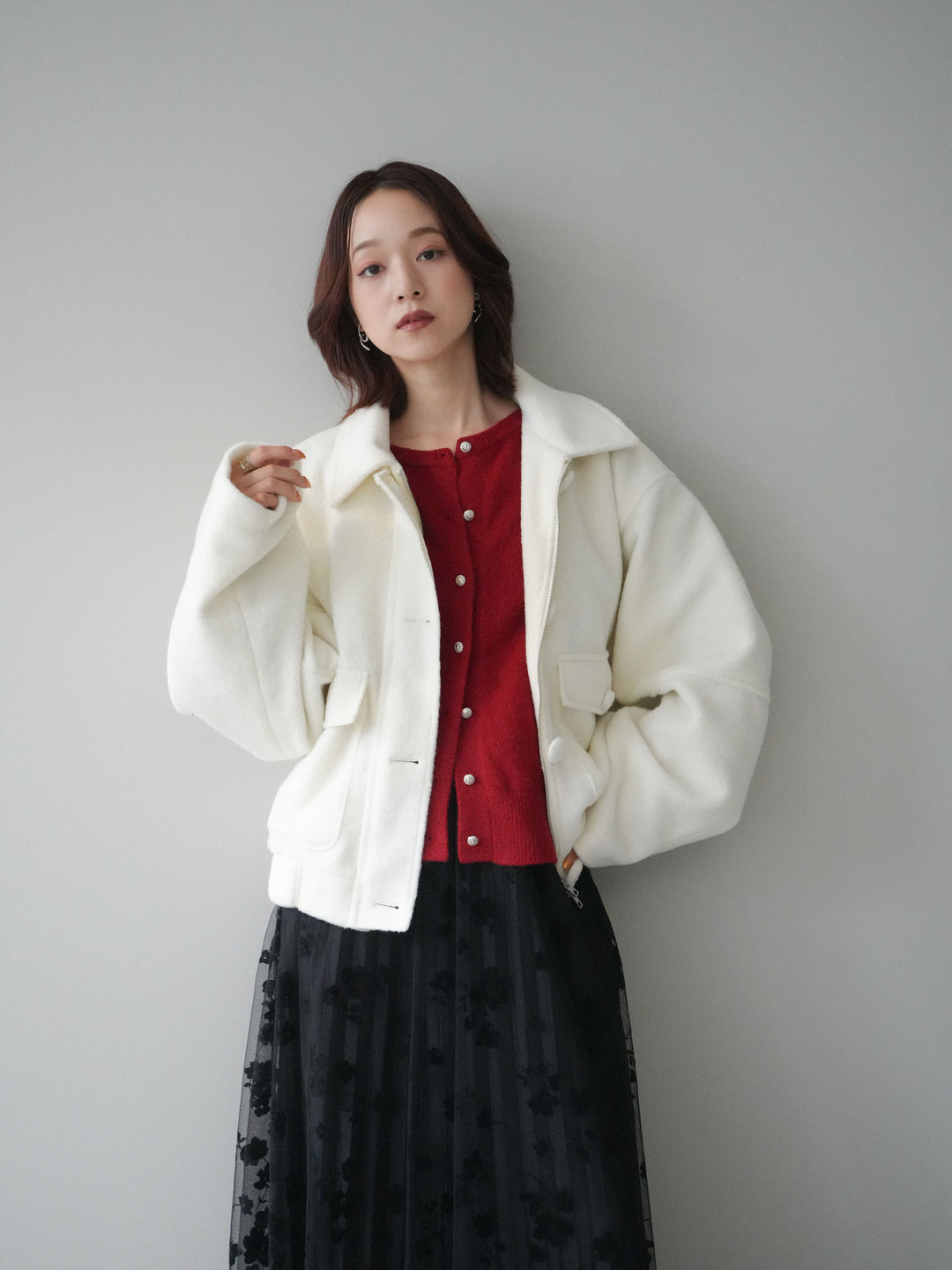 [SET]ウールライクフライトジャケット+アンティークボタンニットカーディガン(2set)