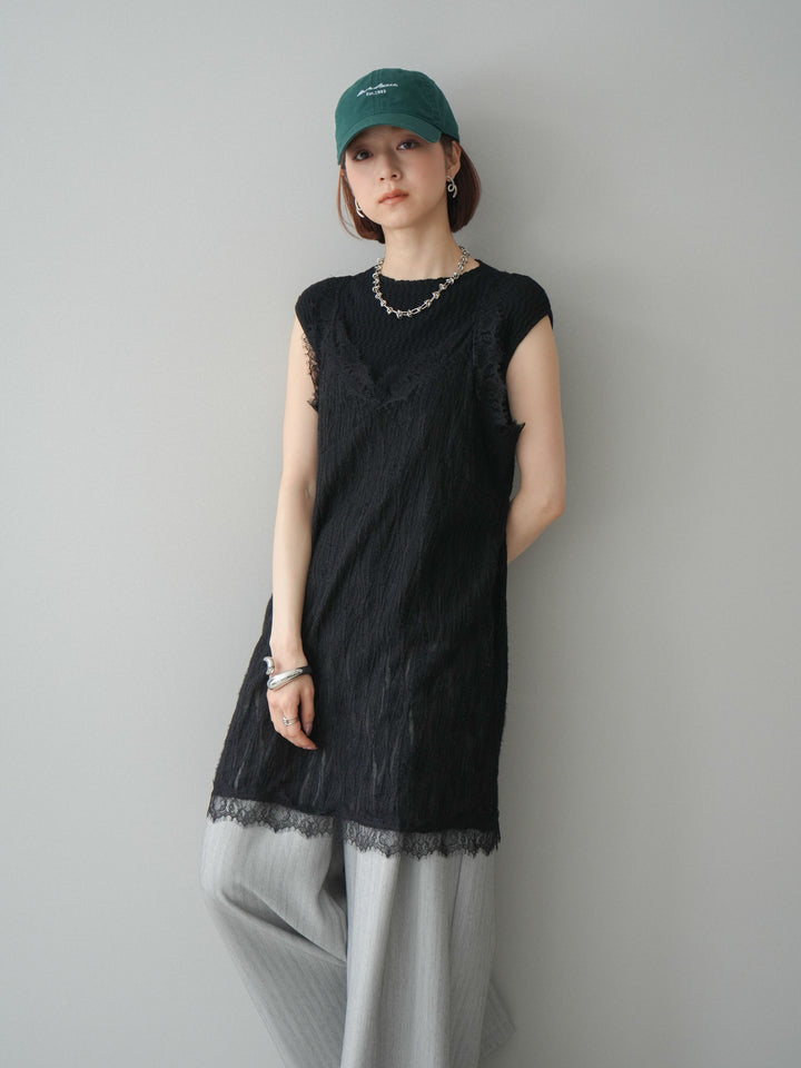 [予約]レース切替ジャガードニットロングキャミソール/black