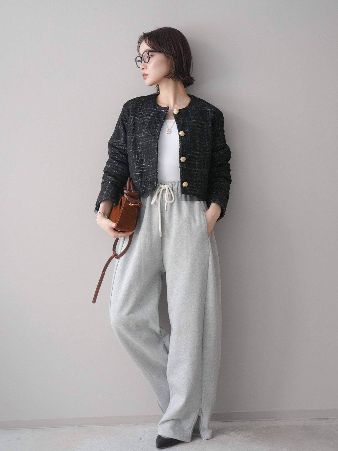 [SET]チュールレイヤードツイードクロップドジャケット+裾ZIPスエットワイドパンツ(2set)