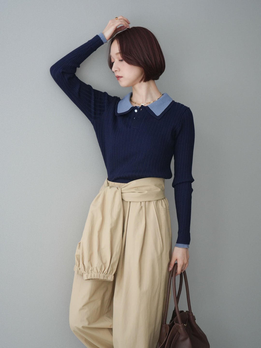 [SET]ダブル襟ポロリブニットトップス+ダブル襟ポロリブニットトップス(2set)