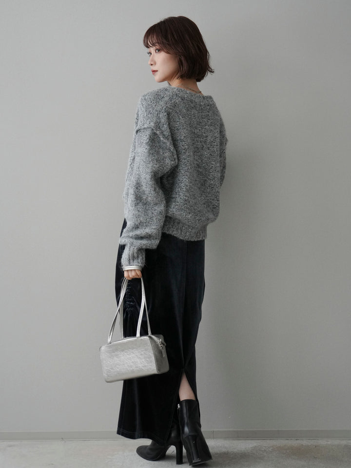 [SET]ミックスヤーンダブルZIPニットカーディガン+ギャザーベロアスカート(2set)