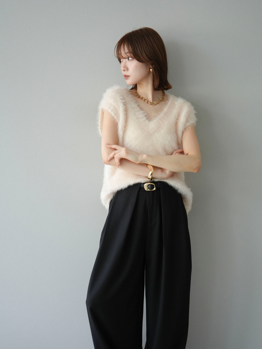 [SET]ラメシャギーVネックニットベスト+ベルトループデザインワイドパンツ(2set)