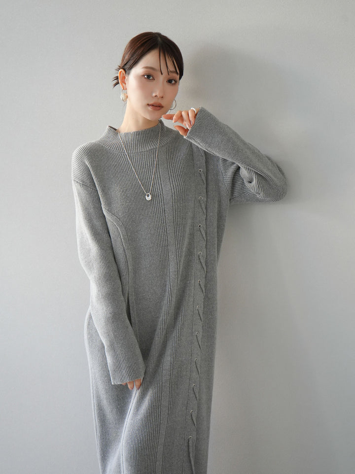 [SET] 不對稱繫帶高領針織連身裙 + 可選飾品套裝 (2套)