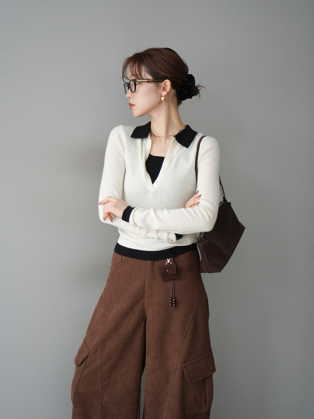 [予約]レイヤード配色ポロニットトップス/beige