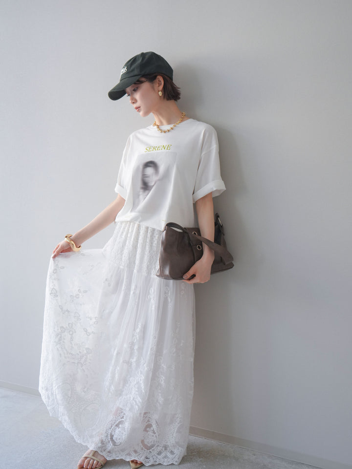 [SET]ブラーアートフォトTシャツ+シアーレースマキシスカート(2set)