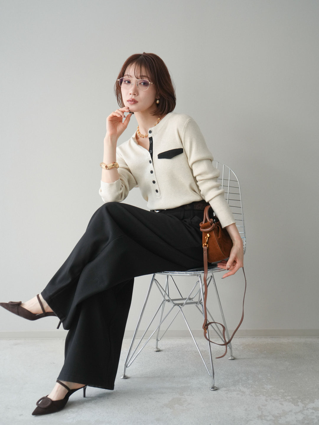 [SET]バイカラーデザインポケット配色ヘンリーネックニットソー+アニマル柄ベルト付きウールタッチワイドパンツ(2set)