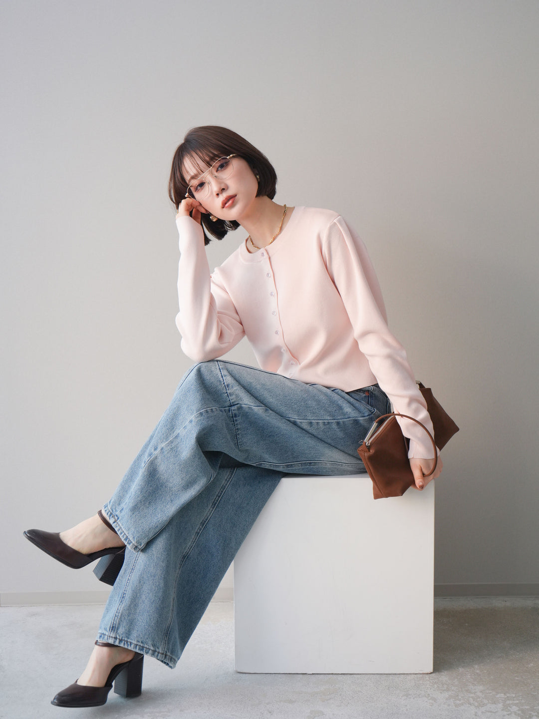 [予約]クリアボタンタックニットカーディガン/pink