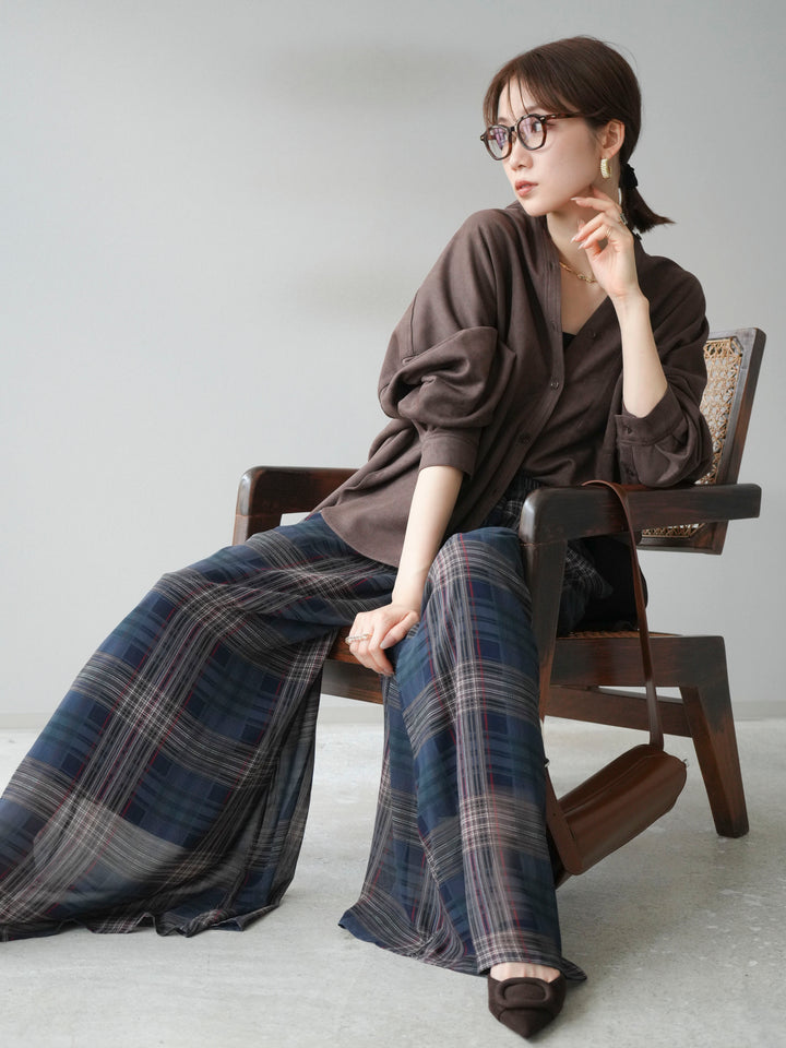 [SET]スエードバンドカラーオーバーシャツ+シアーチェックバギーパンツ(2set)