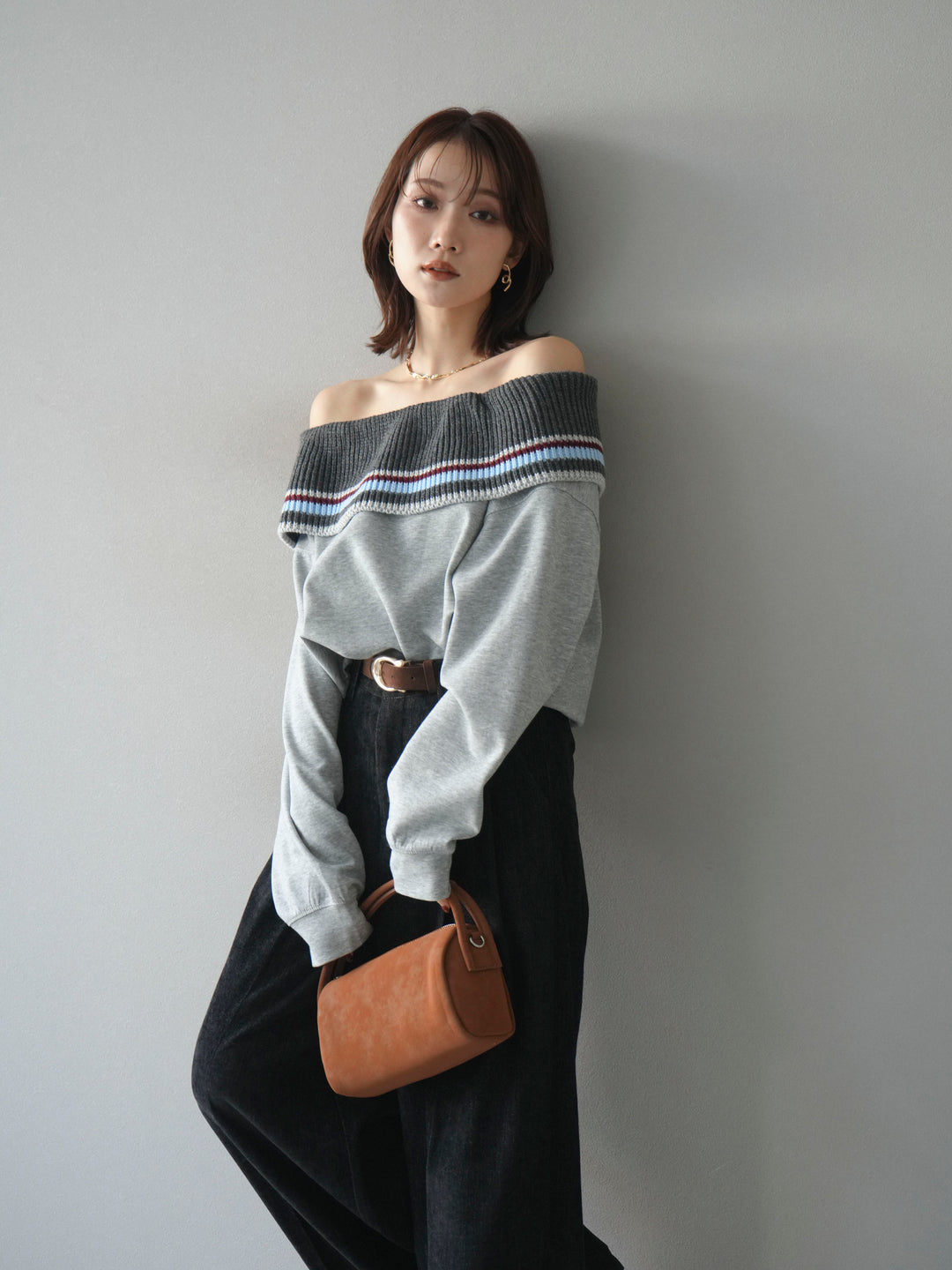 [予約]ボーダーニットオフショルダーxスウェットプルオーバー/gray