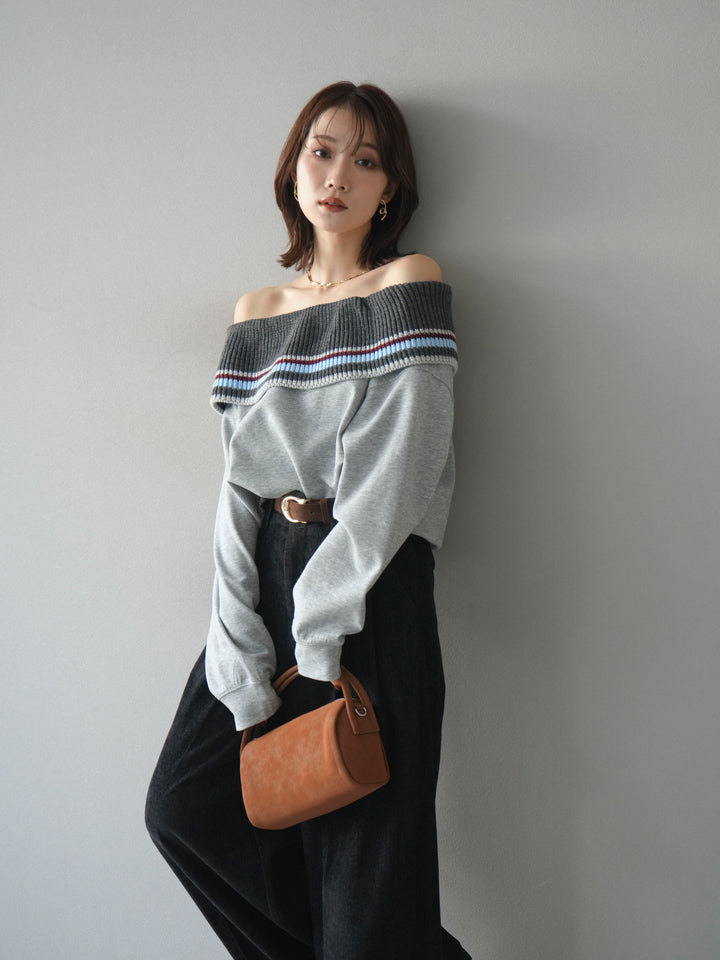 [予約]ボーダーニットオフショルダーxスウェットプルオーバー/gray