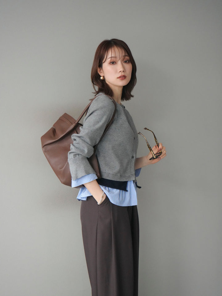 [SET]シャツ襟レイヤードニットカーディガン+ベルトループデザインワイドパンツ(2set)