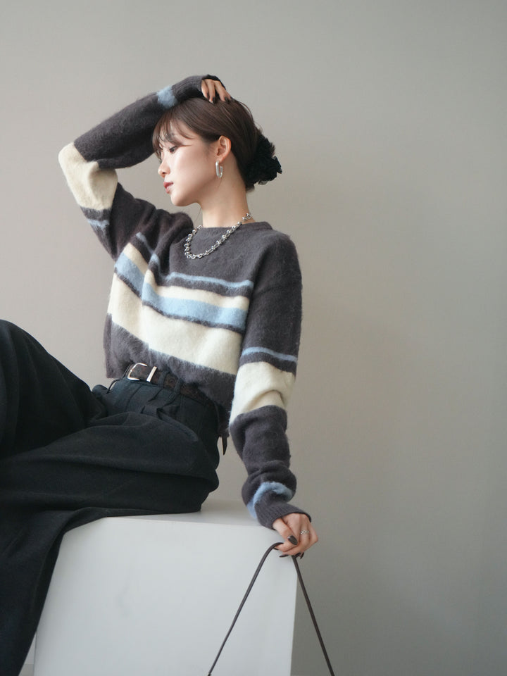 [予約]ソフトタッチボーダークロップドニットプルオーバー/brown