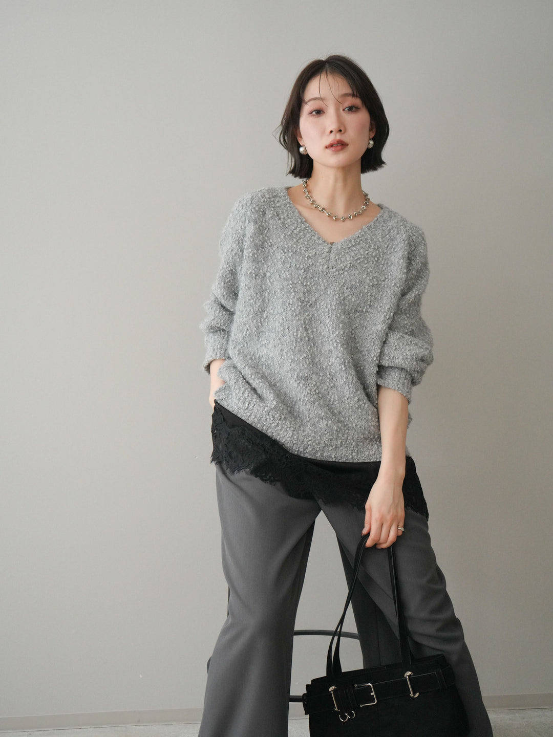 [SET]Vネックスラブニットプルオーバー+選べるアクセセット(2set)