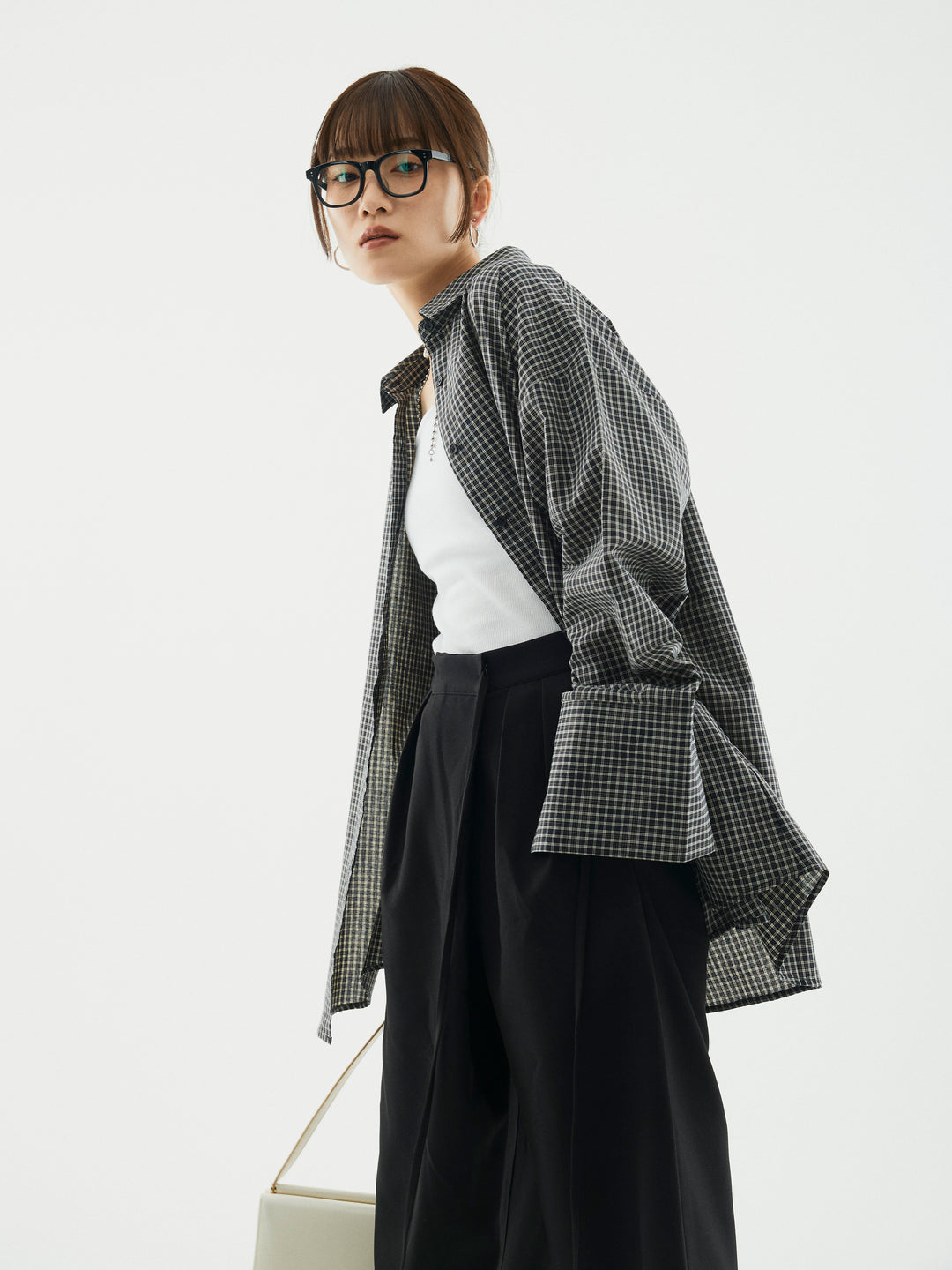 【Allure】[SET]チェックBIGカフスオーバーシャツ+ラップデザインタックワイドパンツ(2set)