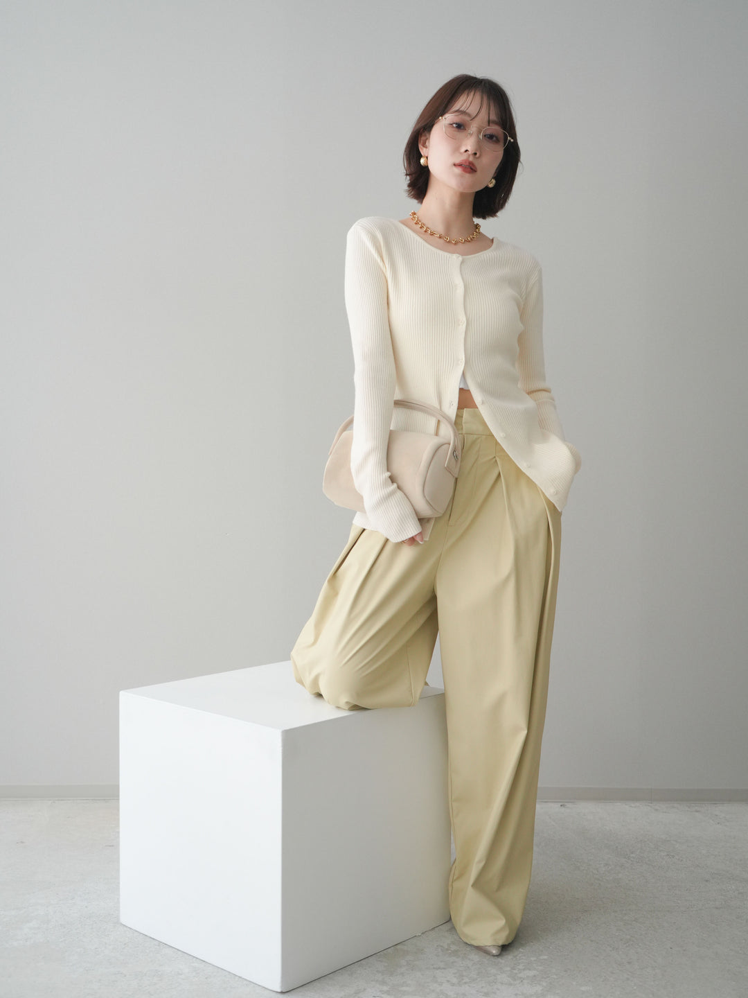 [予約]前後2WAYリブ編みクルーネックカーディガン/ivory