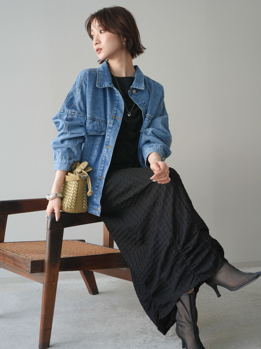 [予約]シャーリングジャガードノースリーブワンピース/black