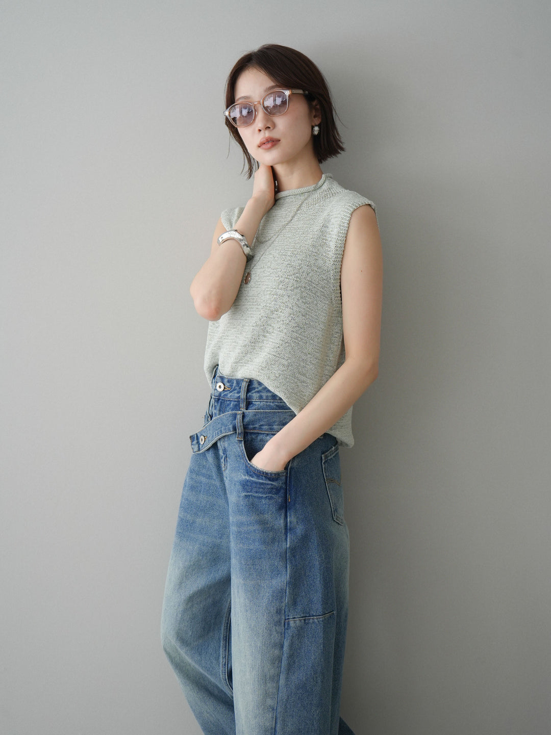 [予約]ノースリーブリネンタッチシアーニットプルオーバー/green