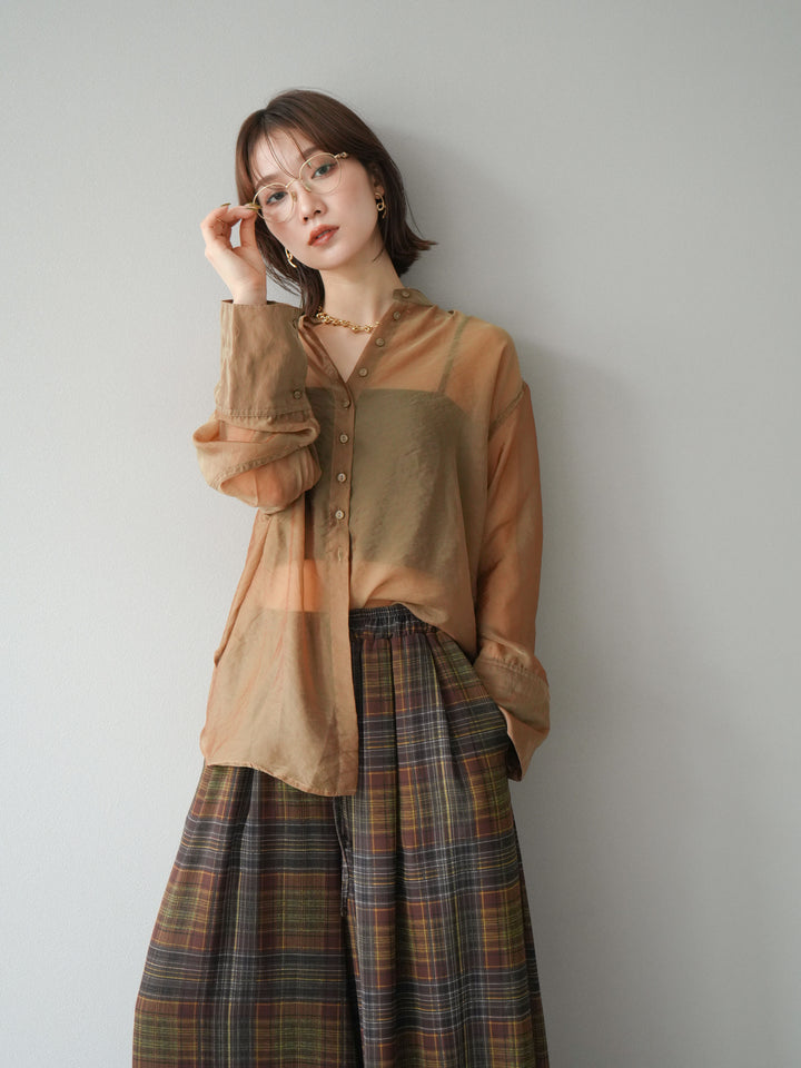 [予約]シャイニーシアーバンドカラーシャツ/カーキブラウン