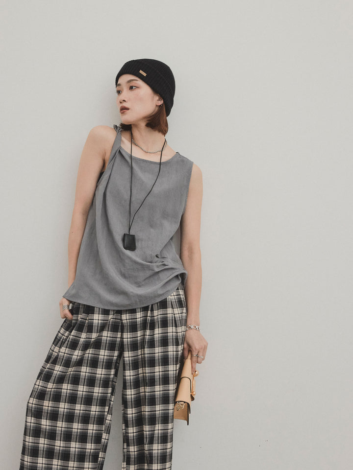 [SET] 扭紋無袖上衣配皮項鍊 + 扭紋無袖上衣配皮項鍊 (2件套)