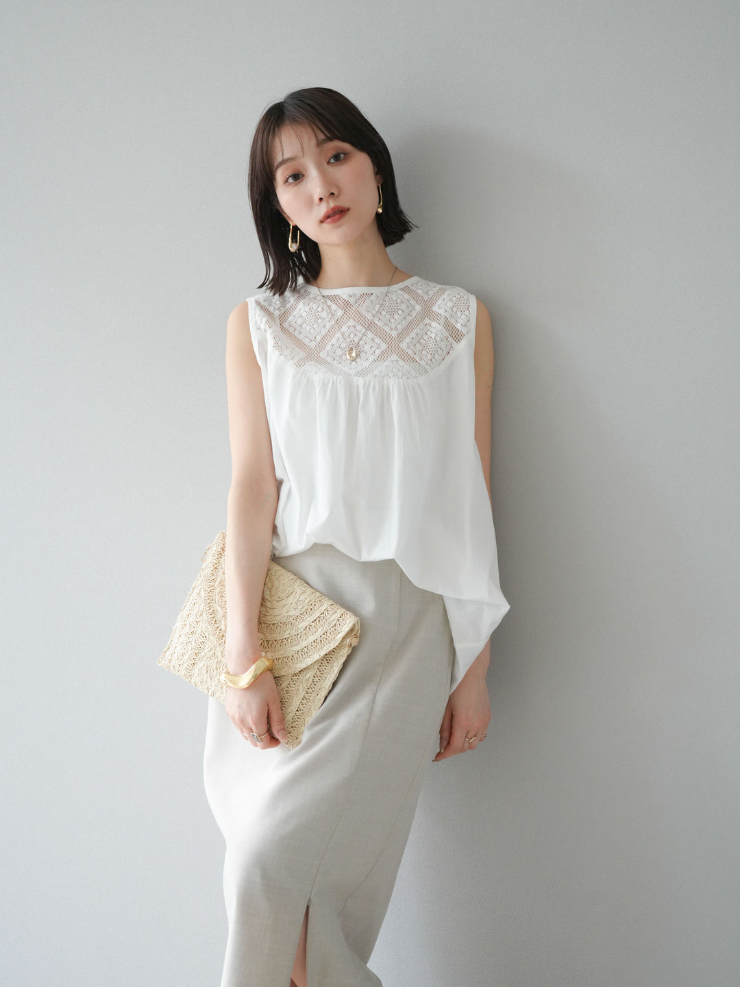 [予約]インド製コットンレース切替ノースリブラウス/オフ