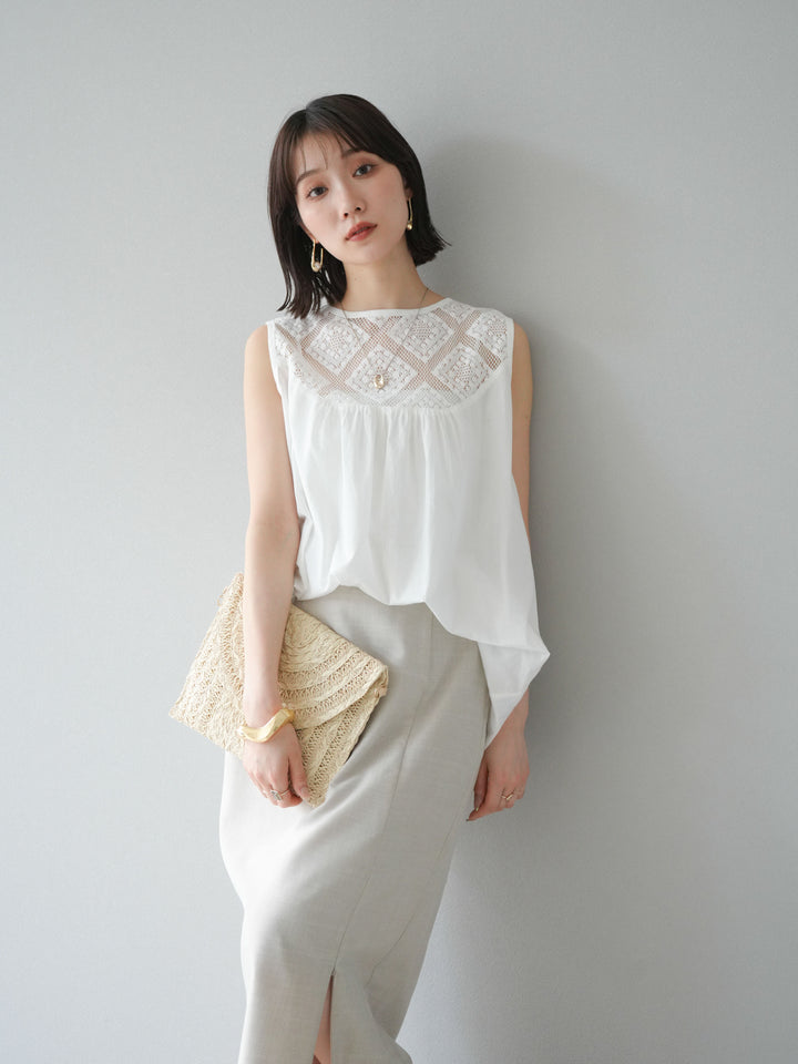 [予約]インド製コットンレース切替ノースリブラウス/オフ