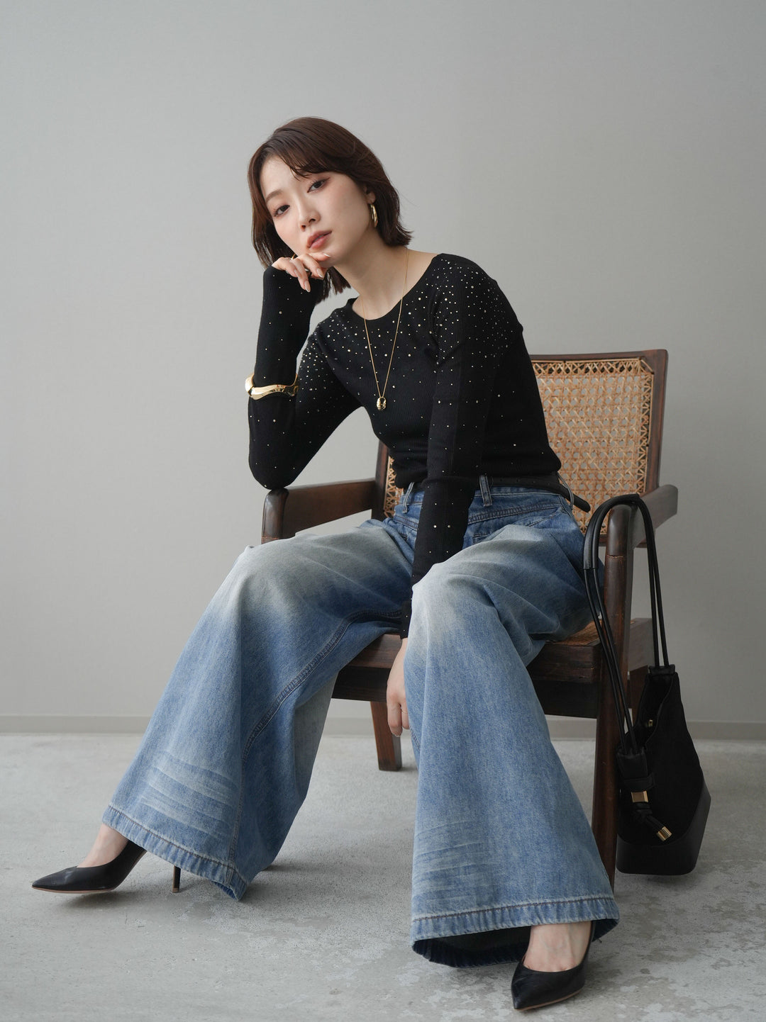 [SET]スパンコールシアーニットトップス+選べるアクセセット(2set)