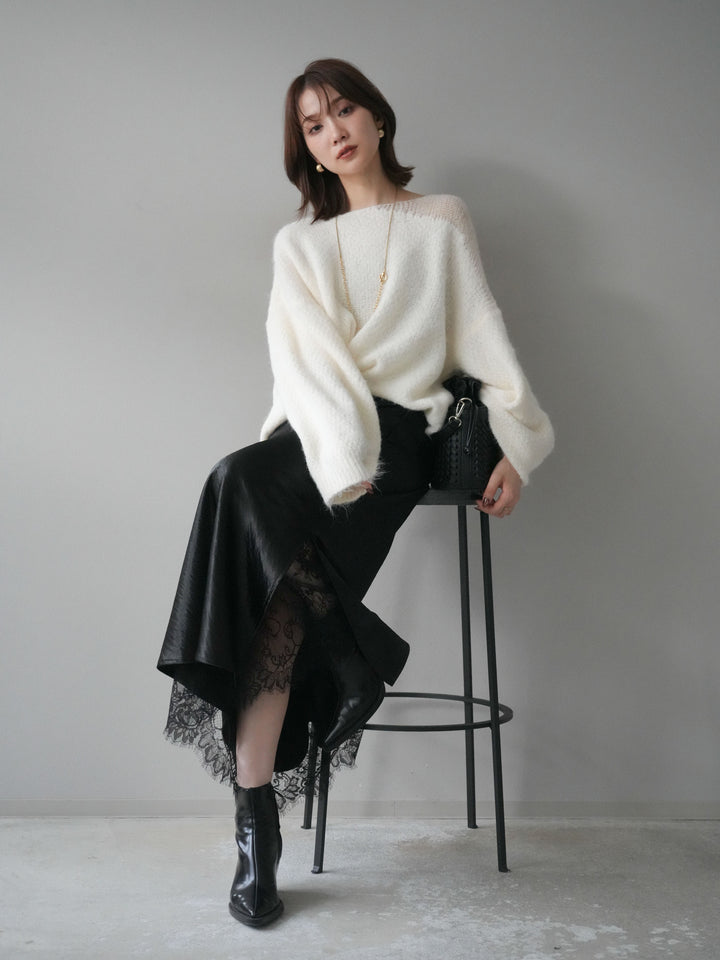 [予約]ネック透かし編みニットプルオーバー/ホワイト