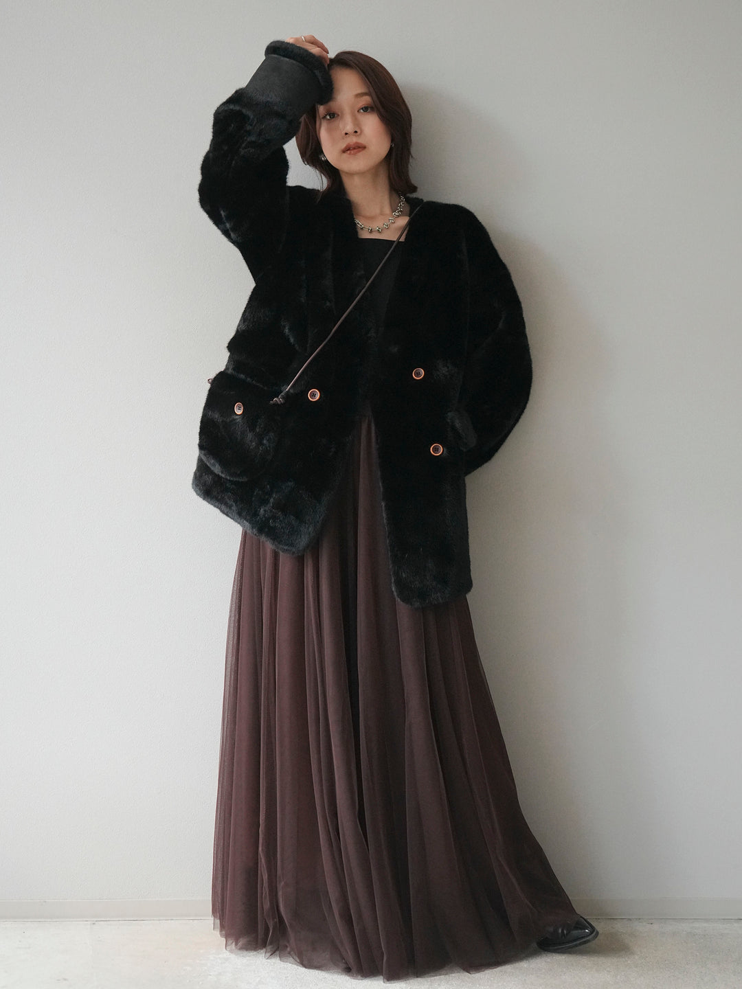 [SET]バッグ付エコファーノーカラーコート+チュールボリュームスカート(2set)