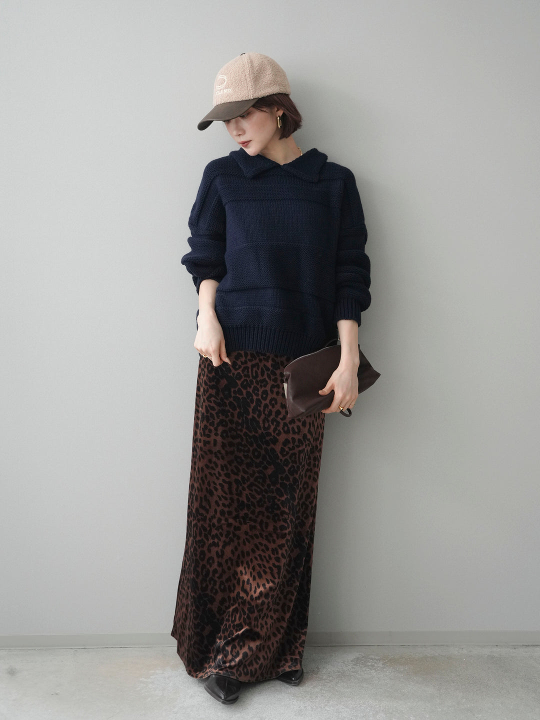 [SET]襟付きボーダー編みニットプルオーバー+レオパードベロアナロースカート(2set)
