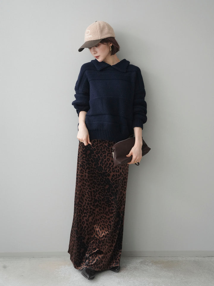[SET]襟付きボーダー編みニットプルオーバー+レオパードベロアナロースカート(2set)