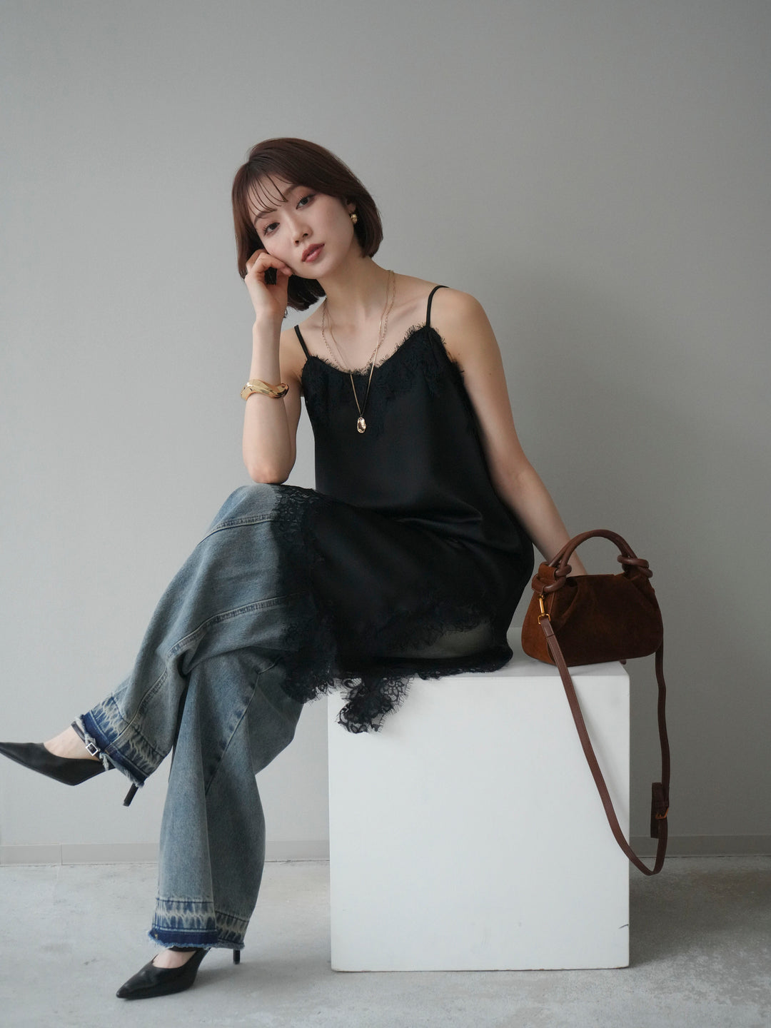 [SET]アシンメトリーサテンレースキャミソール+アシンメトリーサテンレースキャミソール(2set)