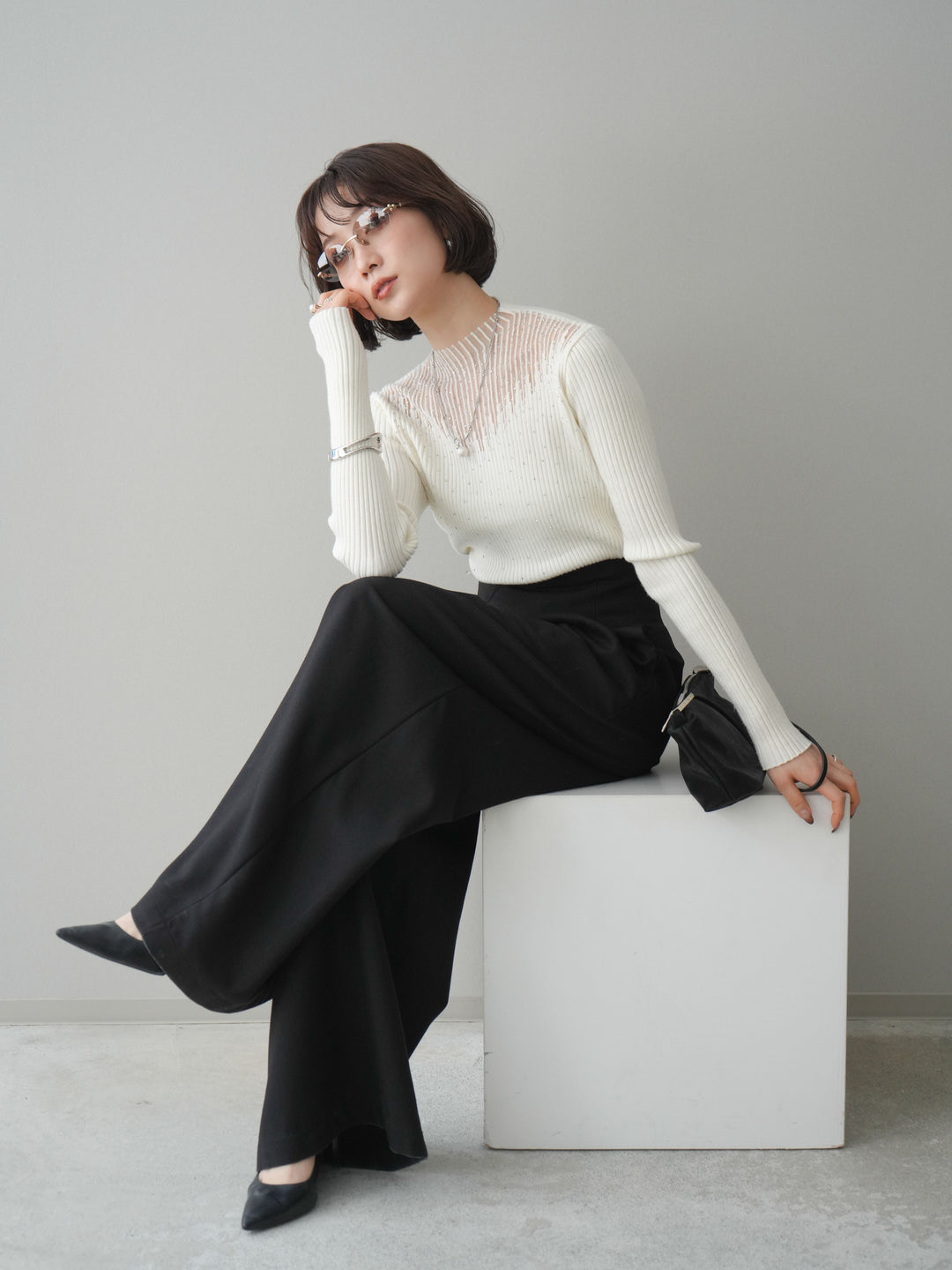 [予約]シアー切替スパンコールリブニットトップス/ivory