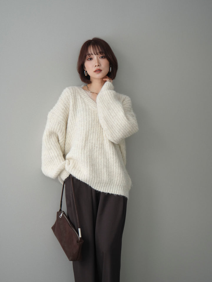 [SET]Vネックレースニットプルオーバー+ベルトループデザインワイドパンツ(2set)