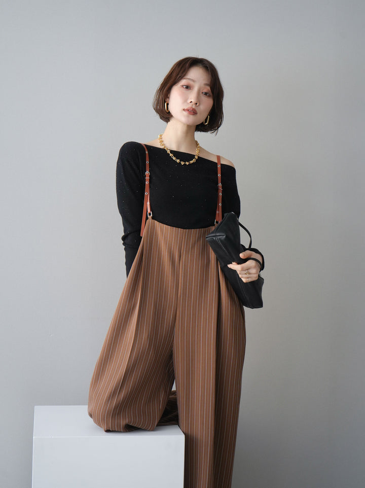 [予約]ヘリンボーンストライプサス付サロペット/goldbrown