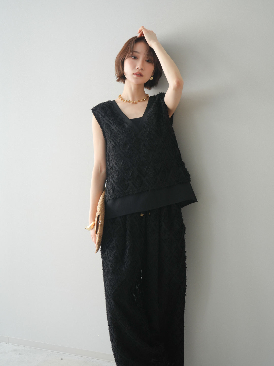 [SET]フリンジレイヤードVネックノースリーブ+選べるアクセセット(2set)