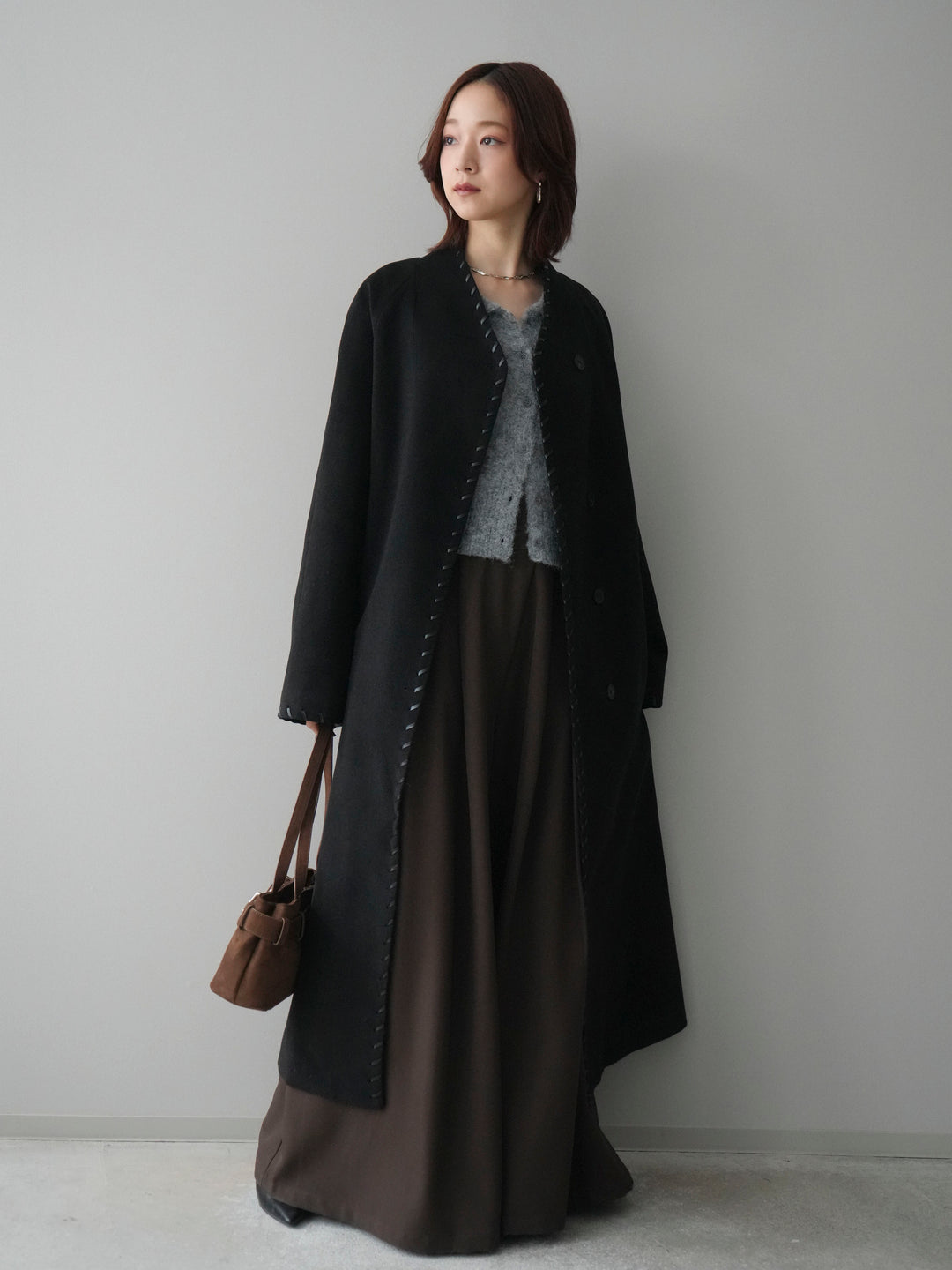 [SET]ハンドステッチ裏中綿ロングコート+テープベルトタックバギーパンツ(2set)