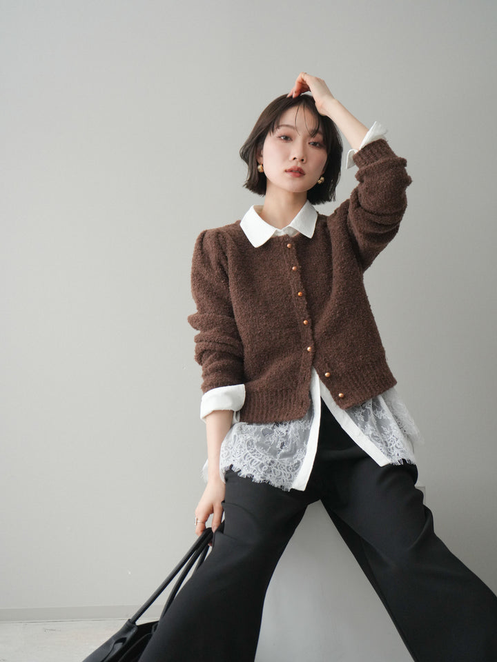 [SET]ゴールドボタンブークレニットカーディガン+総レースボリュームスリーブシャツ(2set)