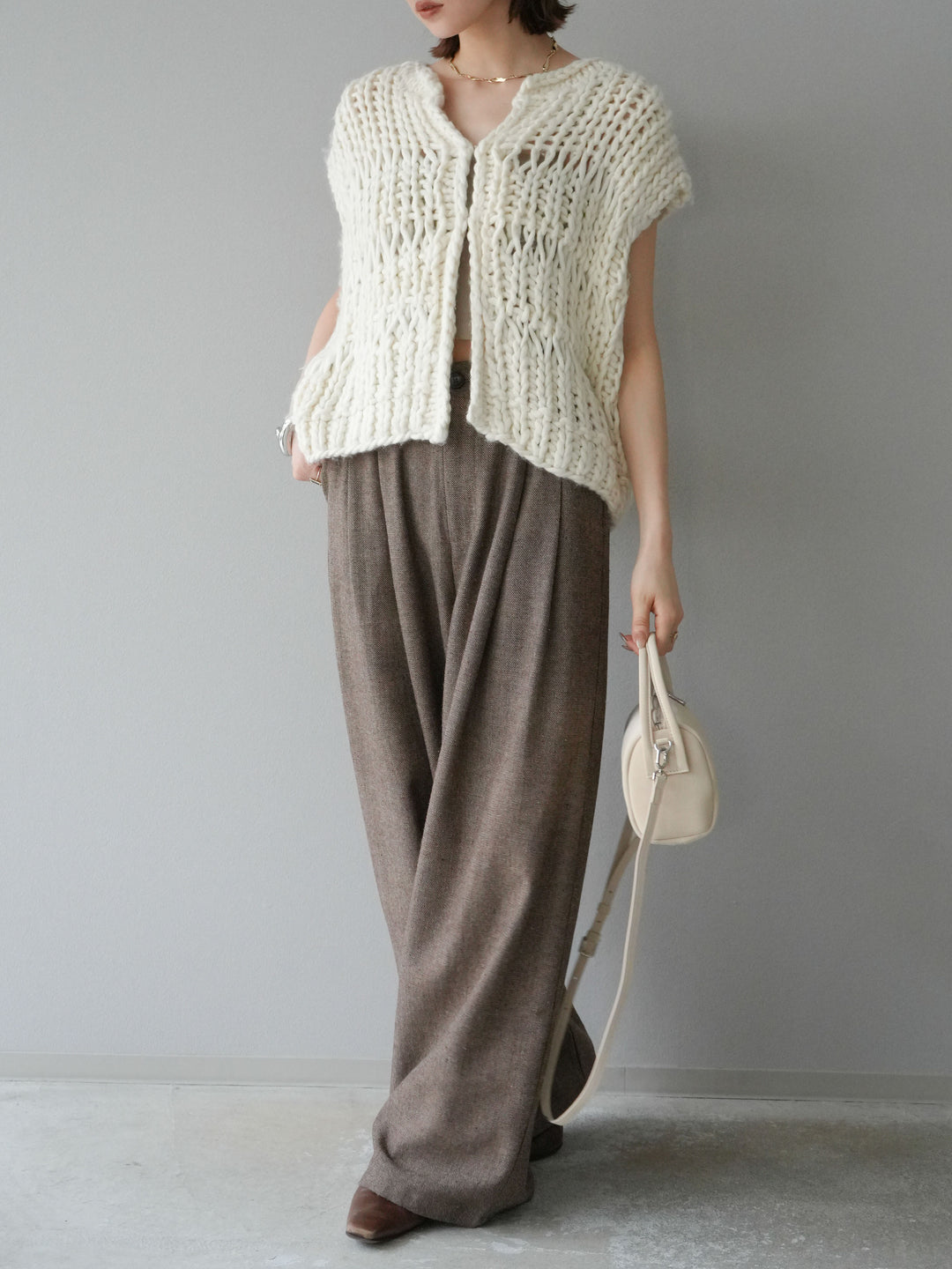 [SET] 手編繩結背心+粗花呢觸感褶皺寬褲（2件組）