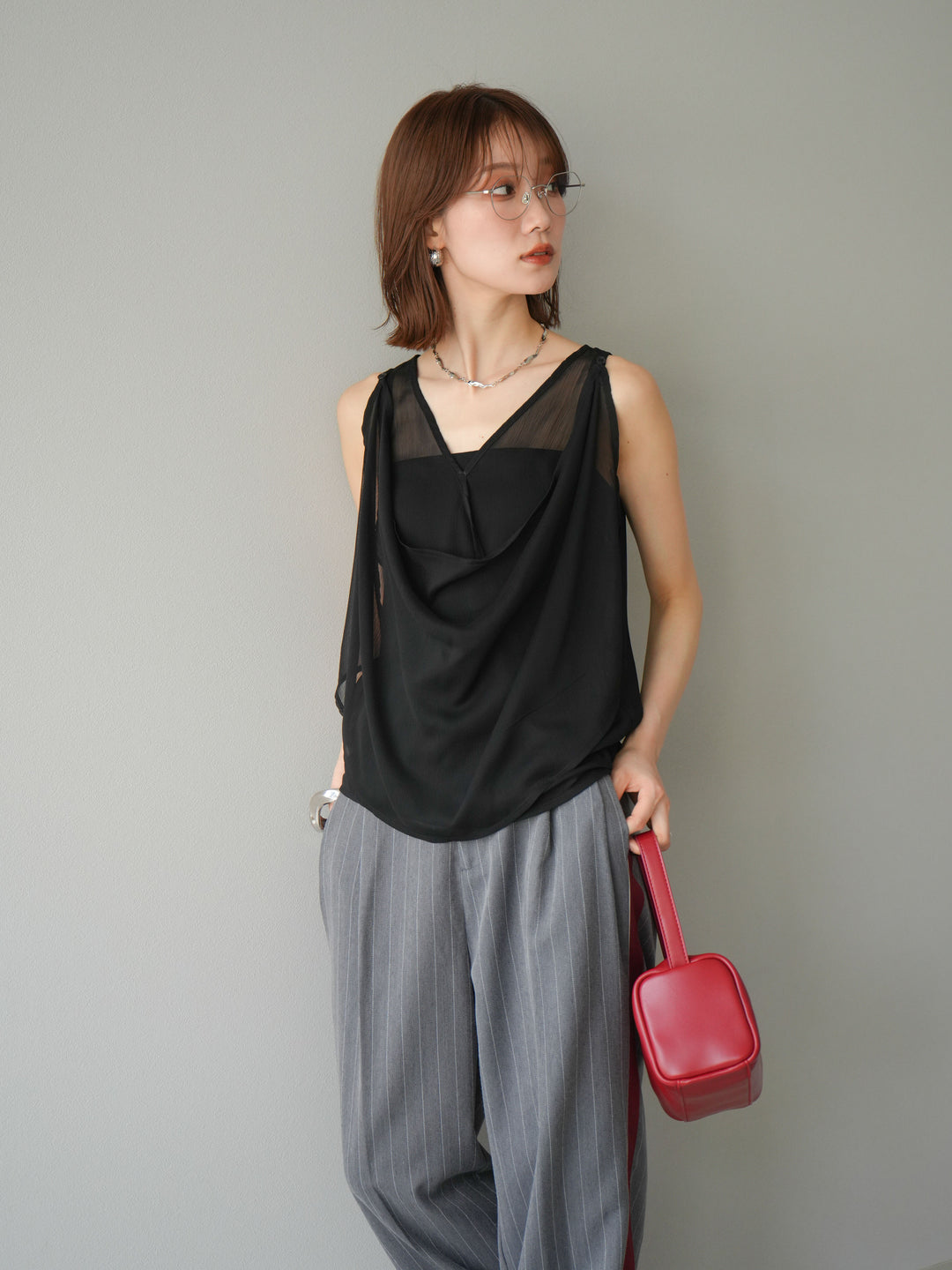 [予約]サイドラインストライプワイドパンツ/グレー