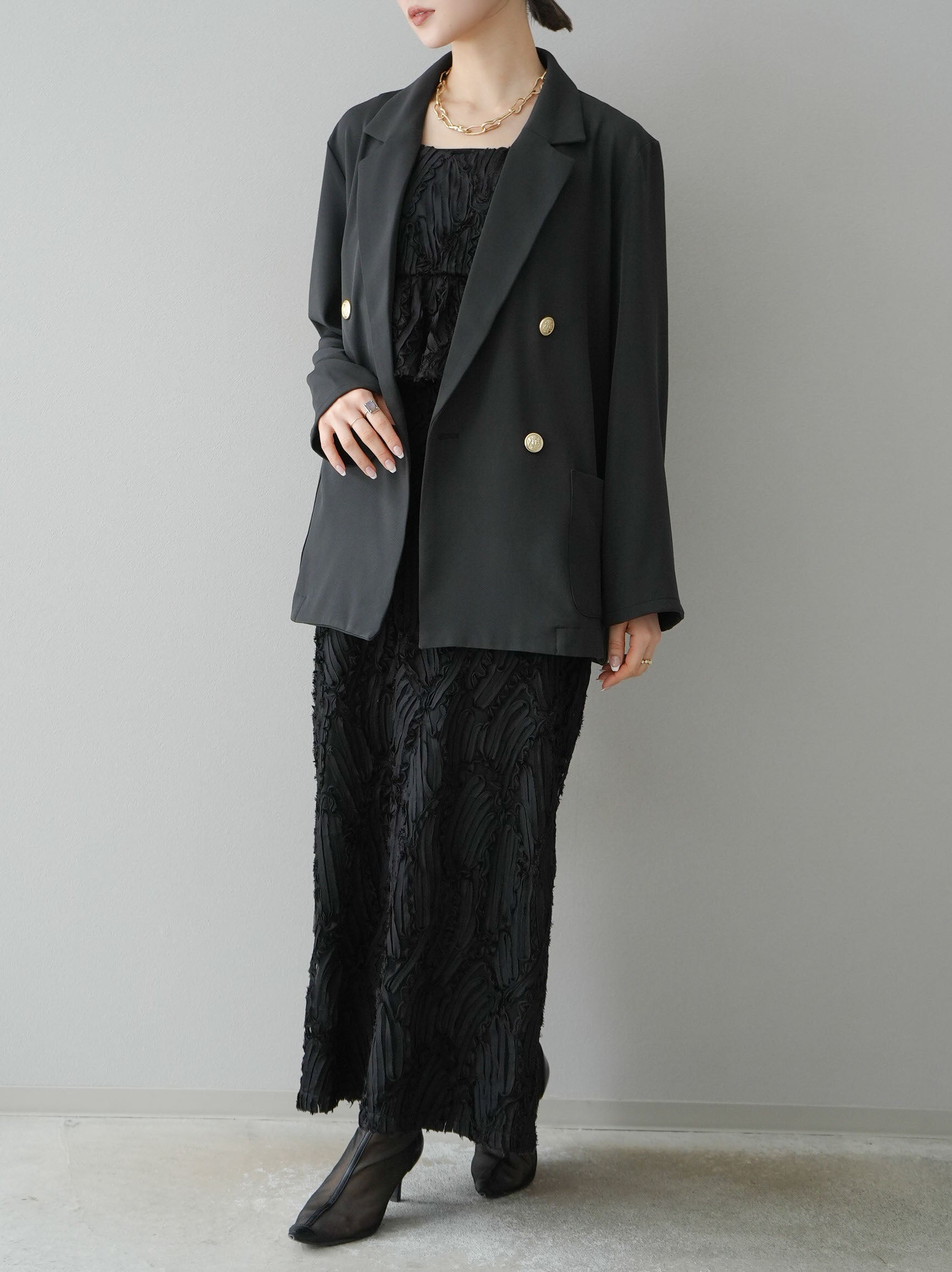 予約]ゴールドボタンダブルテーラードジャケット/チャコール – Lumier