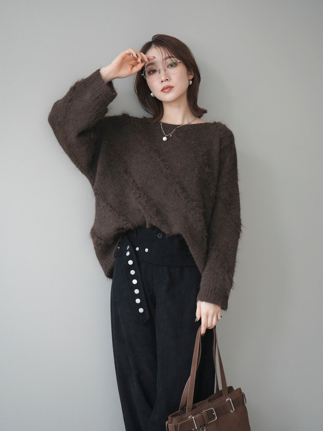 [予約]ブークレラインデザインニットプルオーバー/brown