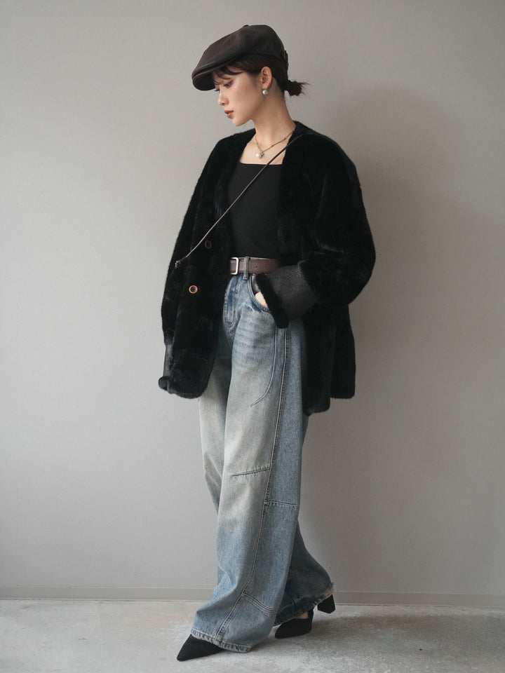 [SET]バッグ付エコファーノーカラーコート+ベルト付カーブデニムパンツ(2set)