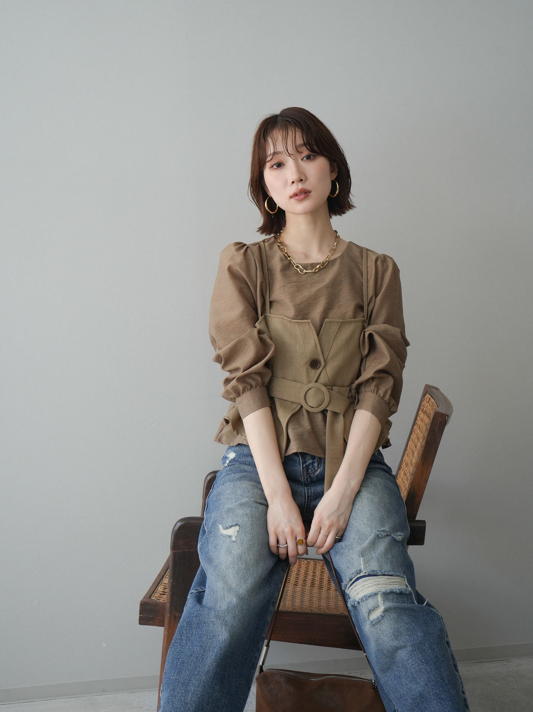 [SET]異素材ビスチェドッキングブラウス+異素材ビスチェドッキングブラウス(2set)